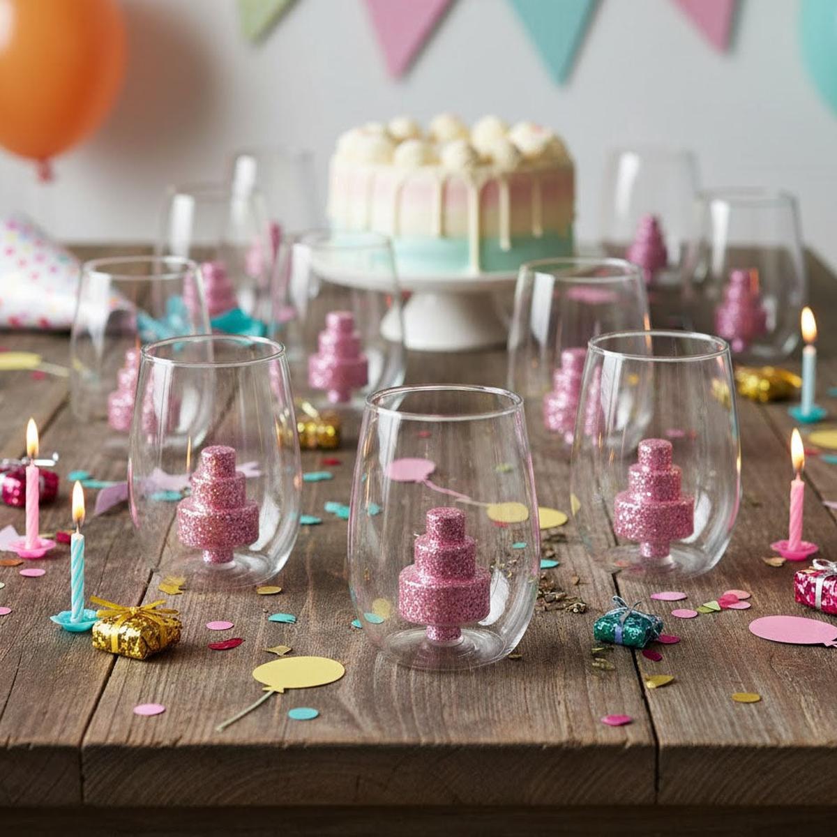 Stemless Wine Glass with Pink Glitter Cake