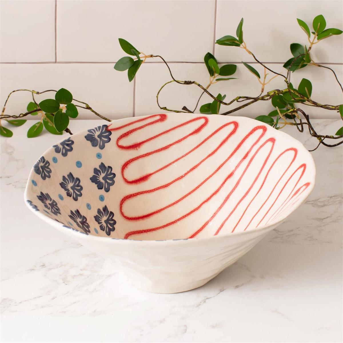 Americana Folk Art Stoneware Serving Bowl