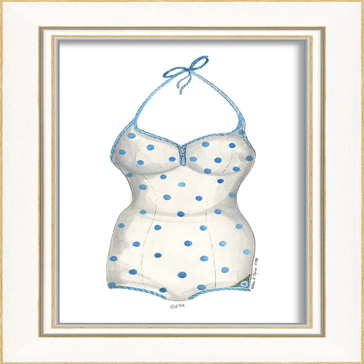 Framed Vintage Style Blue Polka Dot Bathing Suit Artwork