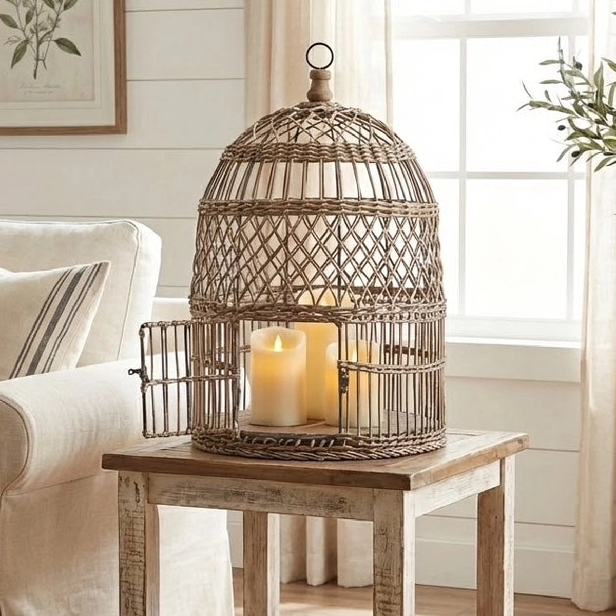 Vintage Style Wicker and Metal Bird Cage